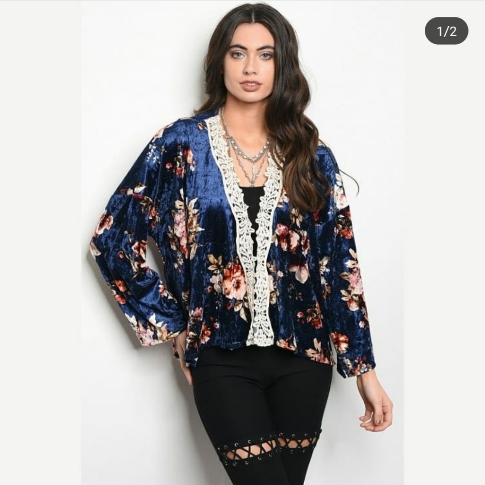 Navy Floral Velvet Cardigan w/Lace Trim